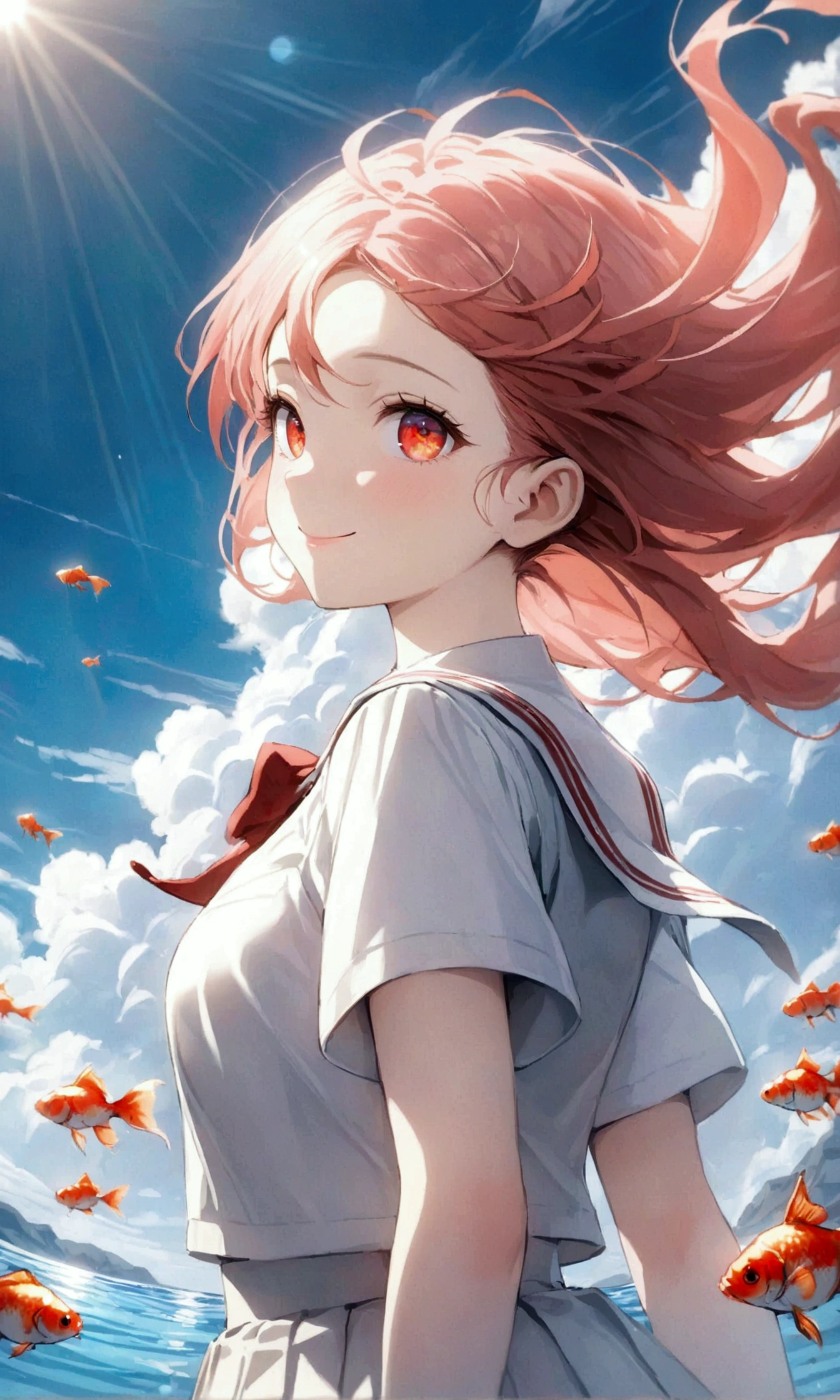 (female\(student, age of 15, JK, semi long pink color floating hair, red colored eyes,white color uniform of school, pale skin, smile face with shine in the eyes\) is looking up at the sky), (so many goldfish are swimming in the air), beautiful sky, beautiful clouds, summery colorful flowers are blooming here and there, (crystal clear bubbles are shining prism here and there in the sky), there is the noonday moon and noonday stars in the sky, female is at messy downtown, BREAK ,quality\(8k,wallpaper of extremely detailed CG unit, ​masterpiece,hight resolution,top-quality,top-quality real texture skin,hyper realisitic,increase the resolution,RAW photos,best qualtiy,highly detailed,the wallpaper,cinematic lighting,ray trace,golden ratio\),(long shot),wide shot,