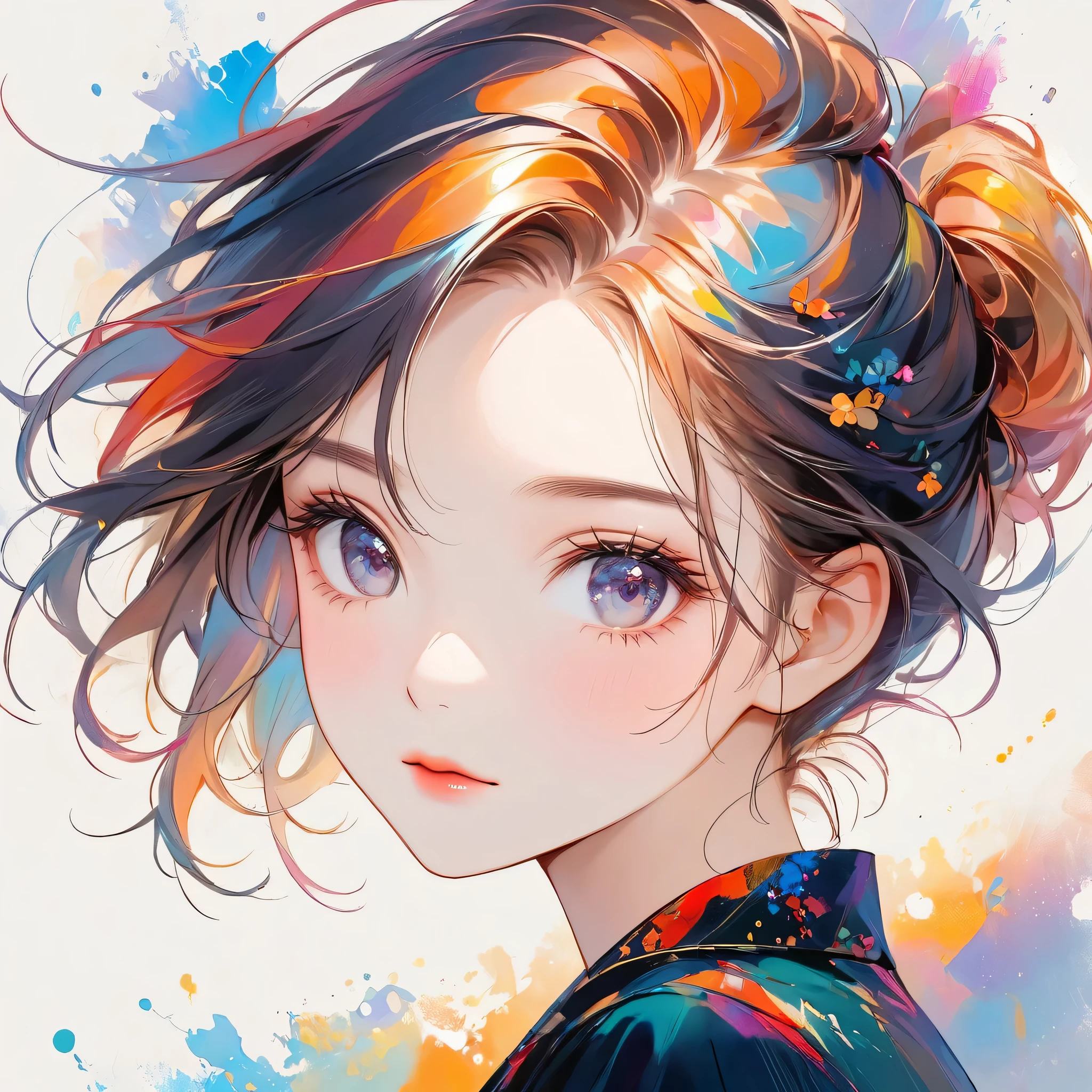 Joseph Mallord William Turner colorful style, Simple Line Initialism,Abstract art,Urban Background, (((The most beautiful girl of all time))), black eyes, Sweet face. Lips in love, colorful hearts, stylish design
