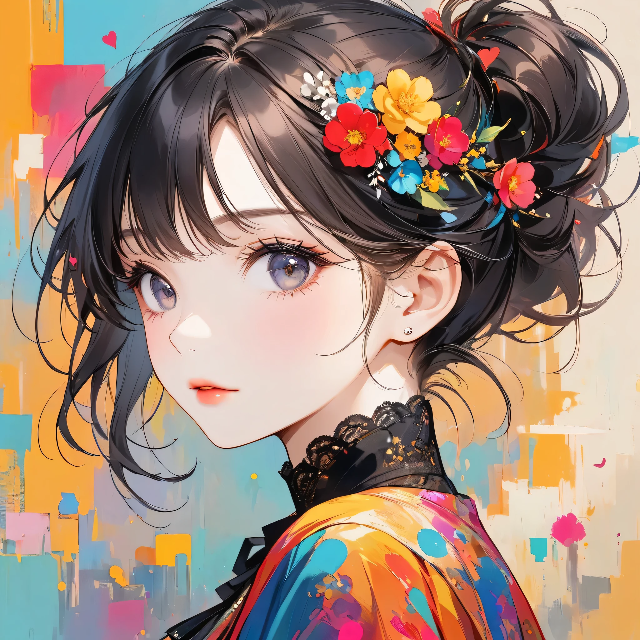 Joseph Mallord William Turner colorful style, Simple Line Initialism，Abstract art，Urban Background, (((The most beautiful girl of all time))), black eyes, Sweet face. Lips in love, colorful hearts, stylish design