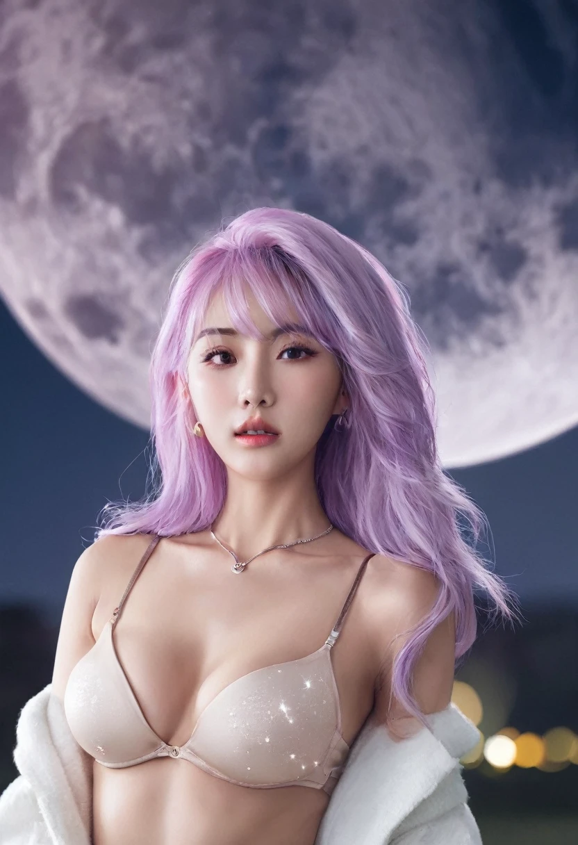 work of art, high quality 8k, neckleace, pantyrose,pantyrose pequena,long light purple hair,breasts showing,two females,fullmoon,lights, Perfect beauty,perfect  skin,white,athlete body 