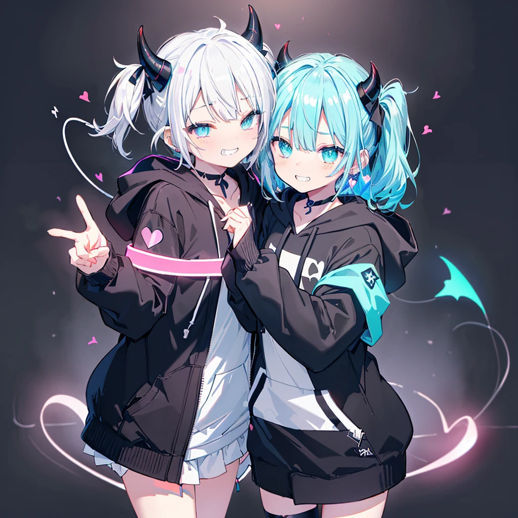 ((((jagged、Open your mouth、Grin　background、shining heart　Making a Heart　front　Neon Blueの目、Wink))))　(((Black hoodie、Wearing a hood　Devil horns　Twin tails、Neon Blue)))　((Shiny Earrings　Small black ribbon))　Shining Edges　輝くbackground