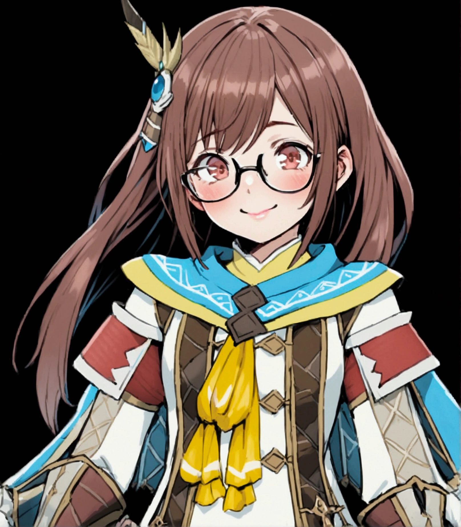 ((monsterhunter)), looking the viewer, solo, girl, shy, red cheek, bashful, embarrassed, smiling, perfect face, muscular, beautiful eye, glasses,