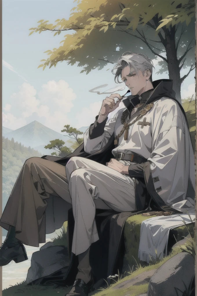 A white ex-military man in his 40s。Gray Hair。Wearing a brown cape。The background is a forest。He is sitting on a big rock and smoking a cigarette.。Two legs。There is a sword nearby。