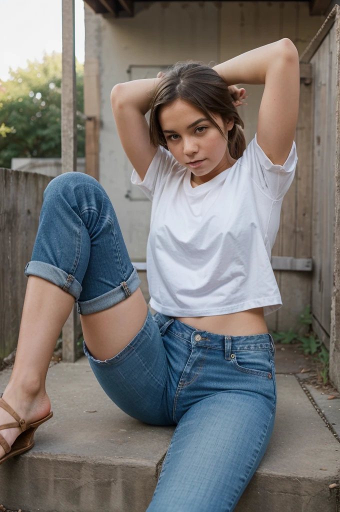 Girl sitting in a twine, girl doing a split, she is wearing jeans and shirt, doing a twine