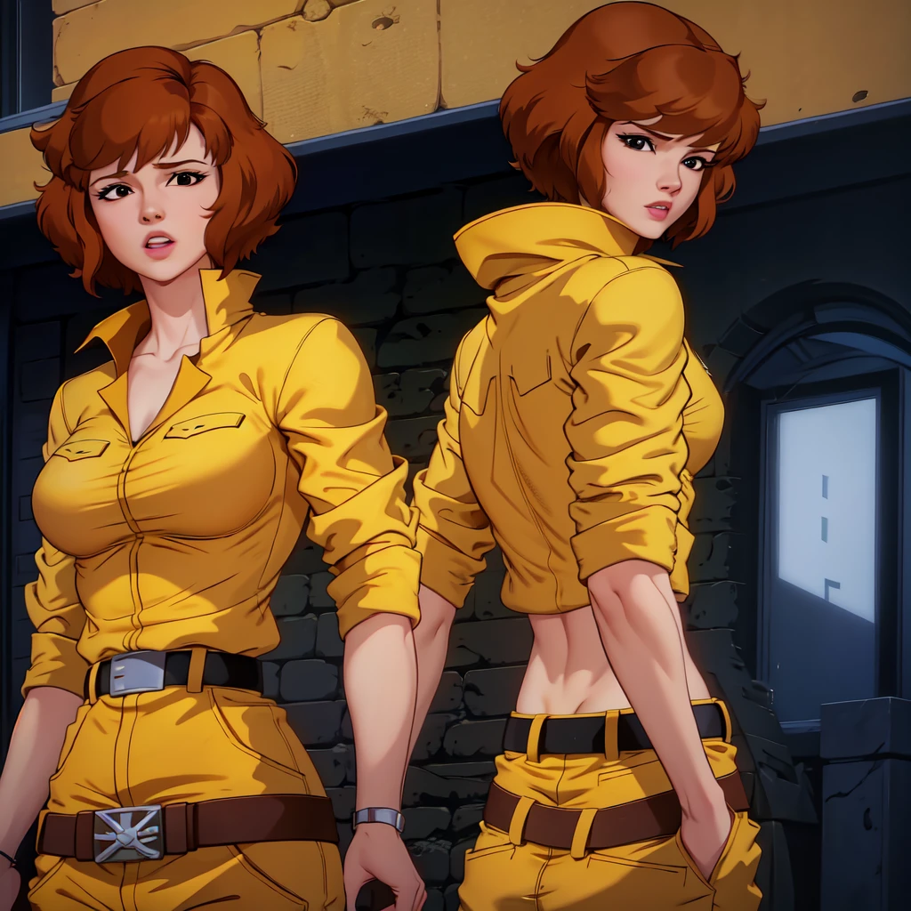 absurdres, april o'neil, 1girl, short brown hair, black eyes, upper body, yellow jumpsuit, sleeves rolled up, white belt, showing backside