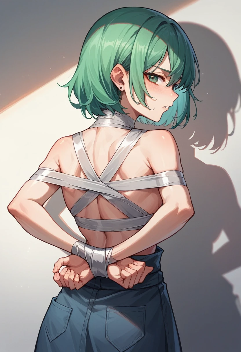 Anime girl duct tape tied hands behindback tapengagged look at viewer look from behind