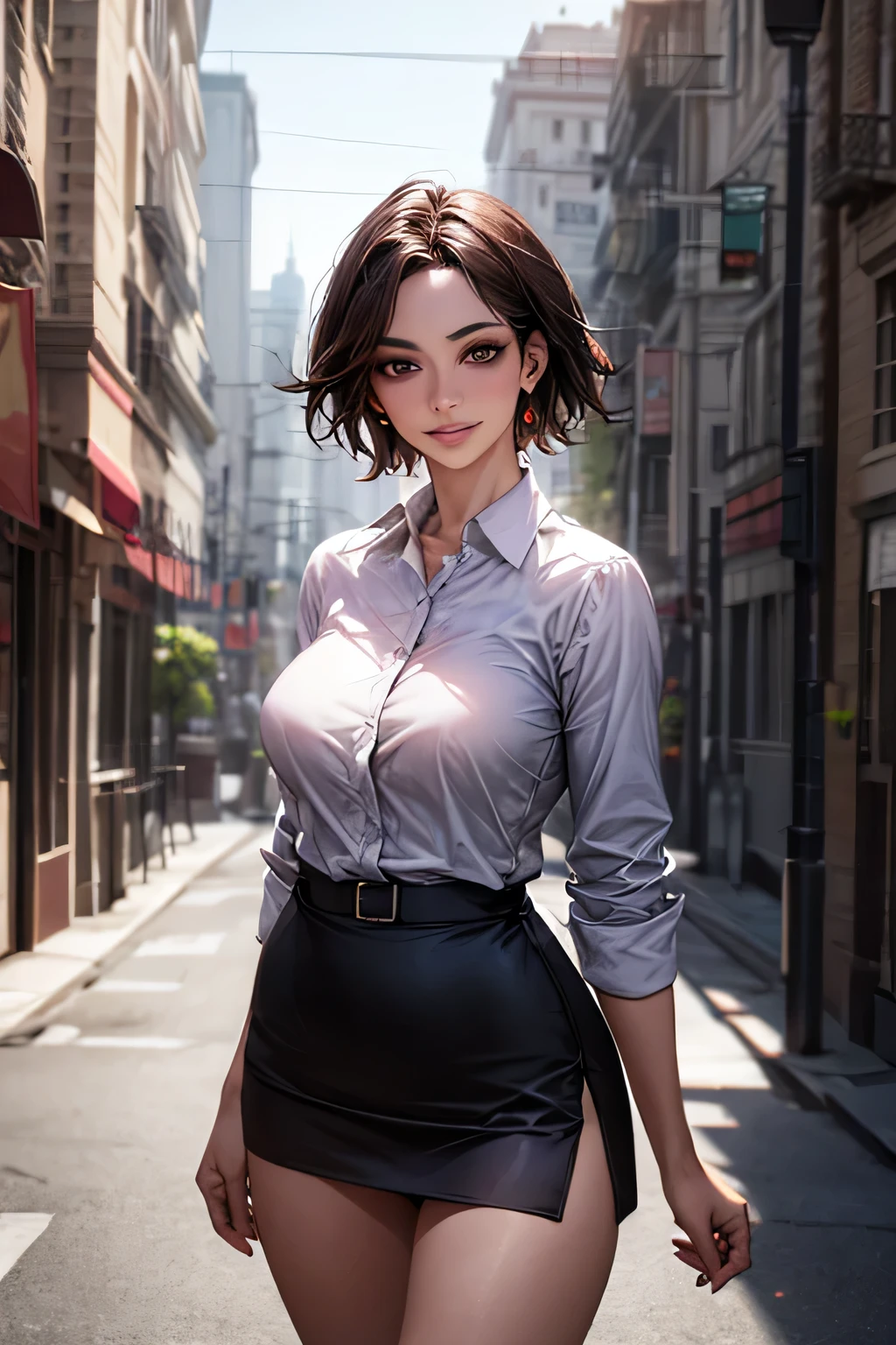 (masterpiece:1.2, Highest quality), (Realistic, photoRealistic:1.4), Beautiful illustrations, (Natural Side Lighting, Cinema Lighting), Surrealism,
View your audience, 1 girl, 40 years old, Perfect Face, Symmetrical face, Glowing Skin,
(short hair, Straight hair, Hair Intake), Brown eyes, Long eyelashes, (Large Breasts, A glimpse of the delta part of pink panties from under her skirt, Captivating thighs)
Beautiful Hair, Beautiful Face, Beautiful attention to detail, Beautiful clavicle, Beautiful body, Beautiful breasts, Beautiful thighs, Beautiful legs, Beautiful fingers,
(Wear a police uniform and a short skirt),
(Beautiful views), evening, (City Street:1.2), walk, Sexy posture, (Charming smile, Lips parted)