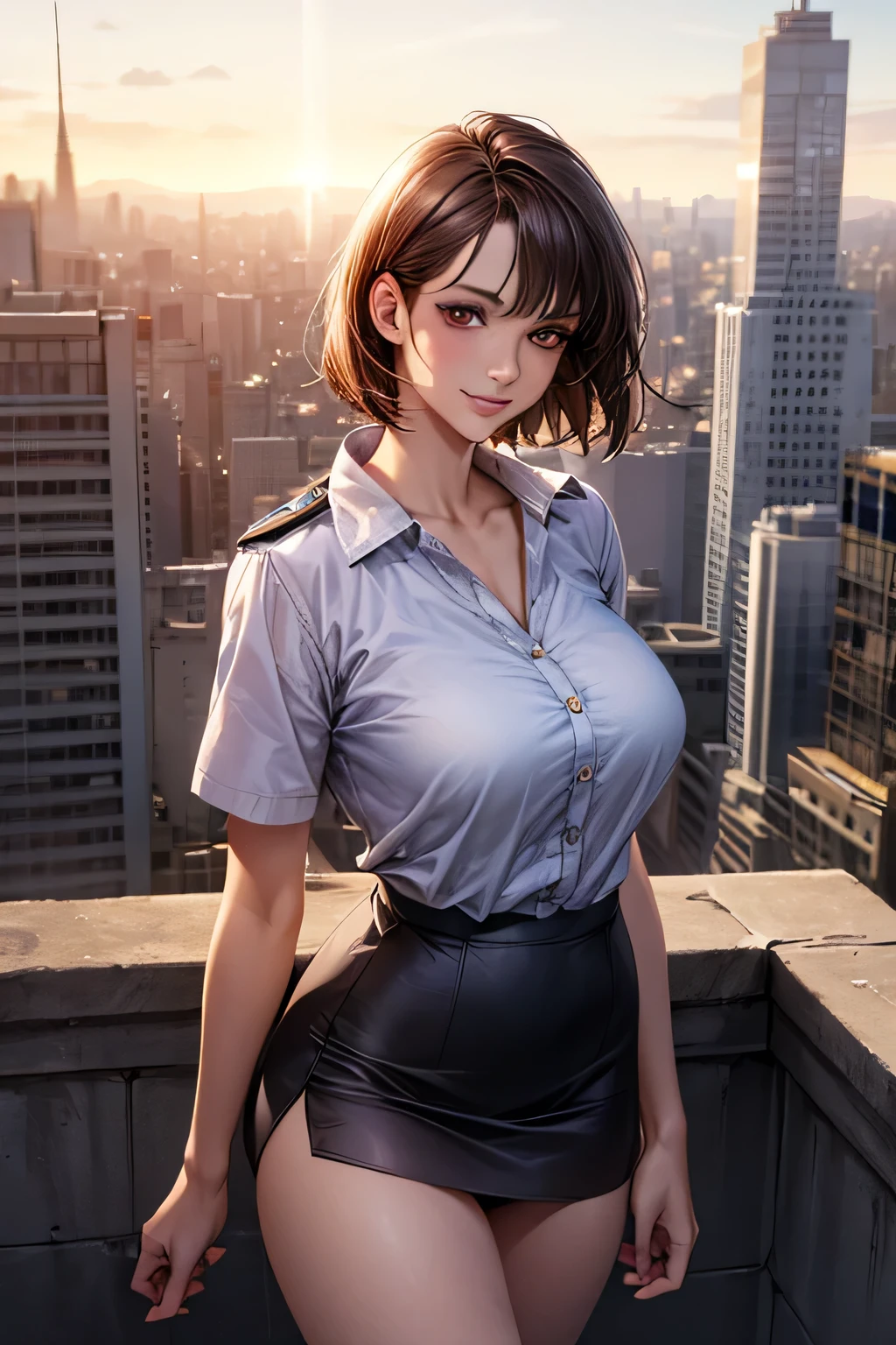 (masterpiece:1.2, Highest quality), (Realistic, photoRealistic:1.4), Beautiful illustrations, (Natural Side Lighting, Cinema Lighting), Surrealism, 
View your audience, 1 girl, 40 years old, Perfect Face, Symmetrical face, Glowing Skin, 
(short hair, Straight hair, Hair Intake), Brown eyes, Long eyelashes, (Large Breasts, A glimpse of the delta part of pink panties from under her skirt, Captivating thighs)
Beautiful Hair, Beautiful Face, Beautiful attention to detail, Beautiful clavicle, Beautiful body, Beautiful breasts, Beautiful thighs, Beautiful legs, Beautiful fingers, 
(Wear a police uniform and a short skirt),  
(Beautiful views), evening, (City Street:1.2), walk, Sexy posture, (Charming smile, Lips parted)