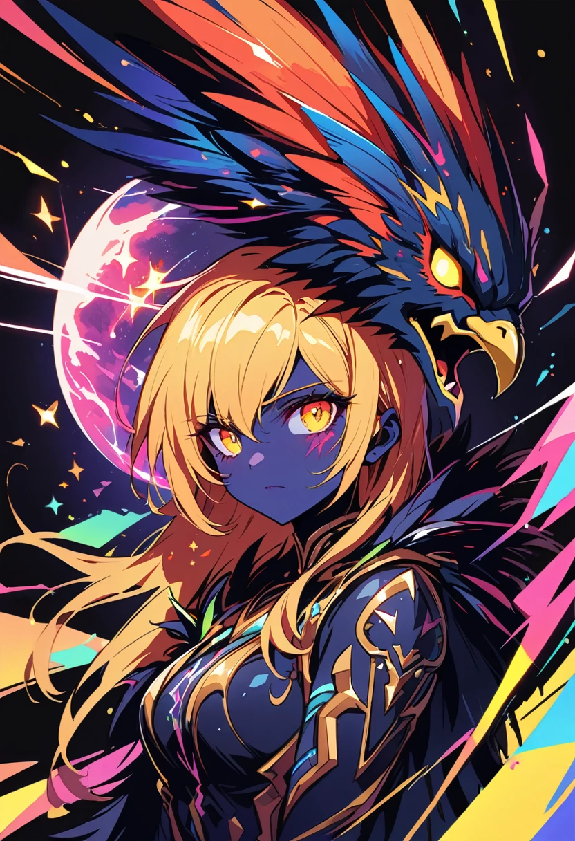 PORTRAIT, only face portrait, macro, a LATINO battle angel portrait NEXT TO An eagle , beautiful black skin with sparkles and glitter, long golden hair with red and blure flowers on hair, shiny and lightening eyes, cosmos eyes, next to a bird, highly detailed fur (vectorized) , detailed skin, anime style< image is compelling with dynamic composition and energetic posing. Include many fantasy details such as bumps, phantasmal iridescence, glitter, galaxy, cosmos, ((dark celestialskin body, void cosmic body)), (((dark background))), (((lights off))), (((hollywood dark))), horror, dramatic shadows, (in a dark fantasy space:1.3, glitter, sparkle, gleam) vector digital illustration, (black background:1.5)sharp