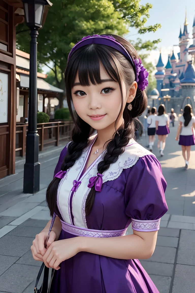 （Highest quality、In 8K、Masseter muscle area、Delicate illustrations、Whole Body Ezbian）,cute and very young japanese girl、gorgeous purple royal dress、Braided black hair（with headband）、smile、Theme park、