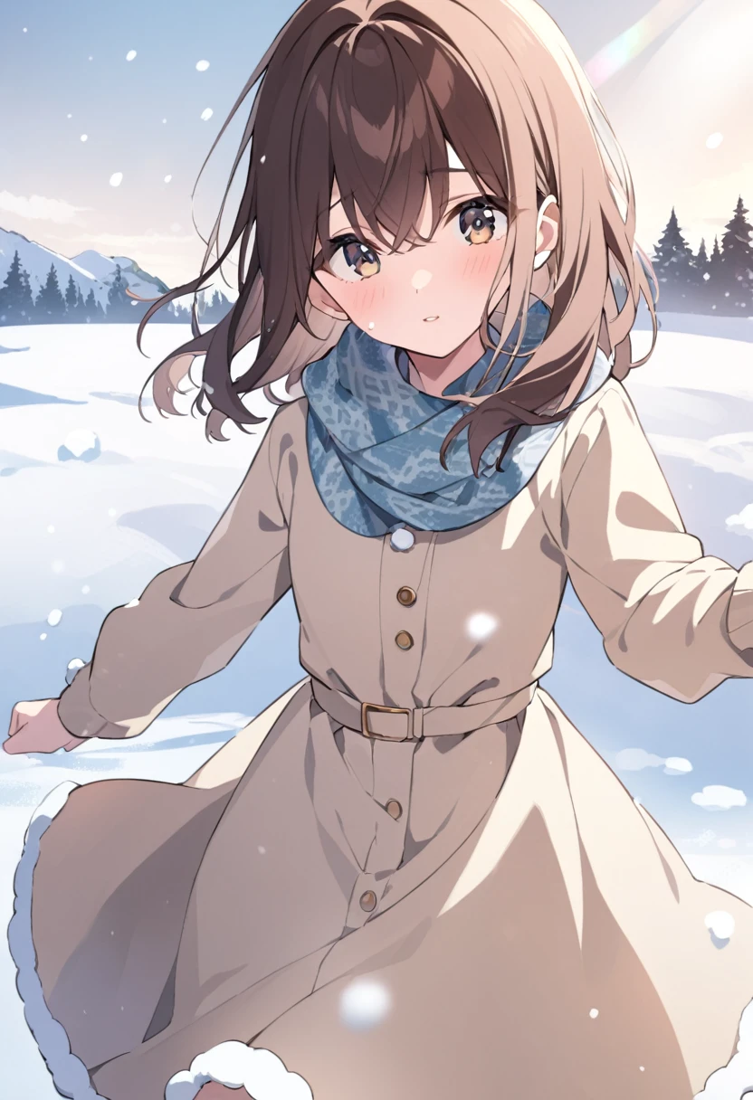 Girl with dark brown hair.Hazel eyes.She wears a winter dress.Playing in the snow