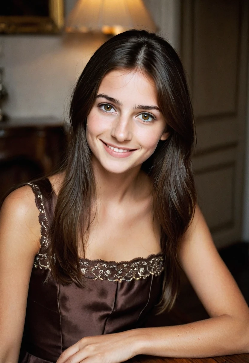 20 year old French girl, sitting in brunette dress, very dark brown eyes, almost black, smiling , Brown straight hair, photos in a lit house