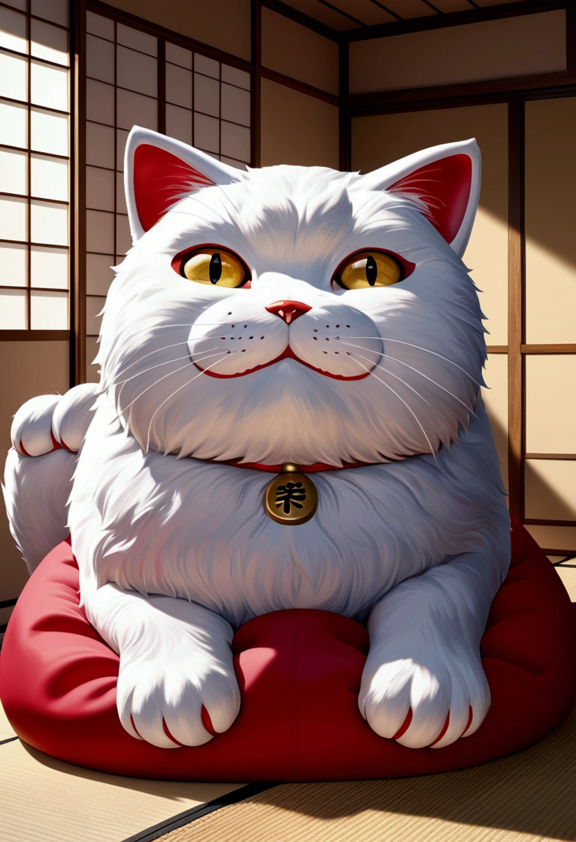 Giant Lucky Cat (Fukubukuro), Exquisite Detail, High Resolution, Ultra-Realistic, Photorealistic: 1.4, 8K, Raw Image, Masterpiece, Best Quality, Physical-based Rendering, Traditional Japanese Home, Large Fukubukuro, Red Bean Bag, Golden Paw, Popping Eyes, Inviting Smile, Vibrant Colors, Soft Fur Texture, Shadows Casting Dramatic Effects.