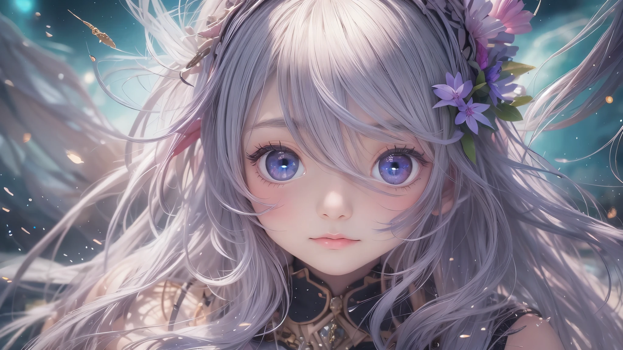 photograph、water、8age、high resolution、quality、Real masterpieces, Highest quality, Highly detailed shape,1 Girl,alone, Image body, flower, Looking at the audience、 Purple eyes, Jewel-like eyes, Very beautiful eyes, Highly detailed face、universe (null), constellation, Purple Energy、 meteor、Shiny, straight, long hair down to the waist, Beautiful shiny bangs、16k、24k、