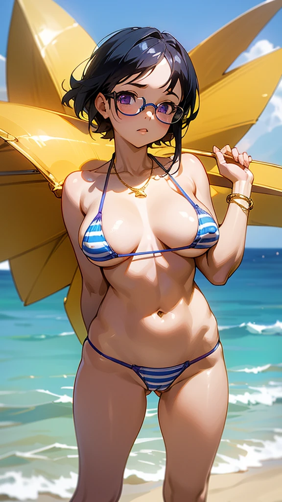 nsfw、Standing with hands behind back、Big Breastature adult woman、Toned body、Six Pack、8 heads、Beautiful feet、(Glasses、Black Hair、Purple Eyes、Twin Blade、)、Ocean辺、(((solo)))、(((Big Breasts)))、(Blue and white striped micro mini bikini、Blue and white striped Brazilian bikini、Gold Necklace、Gold Bracelet)。Legs wide open、Crotch wide open、Blue and white striped micro bikini panties exposed、Cameltoe、Exposing the crotch、Masterpiece highest quality high resolution、Ocean、beach、As if looking up from below、Embarrassing、nsfw、Gold glitter Brazilian bikini、Cameltoe