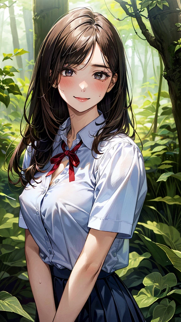 (masterpiece:1.2, top-quality, ultra high res, ultra detailed), (realistic, photorealistic:1.4), beautiful illustration, (natural side lighting, movie lighting), 
looking at viewer, (face focus, upper body), 1 girl, japanese, high school dirl, perfect face, (perfect anatomy), cute and symmetrical face, , shiny skin, slender
(long hair:1.5, straight hair:1.2, sark brown hair), parted bangs, grey eyes, long eye lasher, (medium breasts), 
beautiful hair, beautiful face, beautiful detailed eyes, beautiful clavicle, beautiful body, beautiful chest, beautiful thigh, beautiful legs, 
((detailed cloth texture, short sleeve white collared shirts, navy blue pleated mini skirt, red neck ribbon), , , 
(beautiful scenery), In a wooded area, amidst thick vegetation, a girl's shirt was sweaty and her cleavage was visible. The girl's breasts were large and her nipples were standing out, even on top of her clothes.
Her face is bright red, her brow is furrowed, and her mouth is open in an expression of delight.
The girl is wearing a very short skirt.
, (lovely smile, upper eyes), 