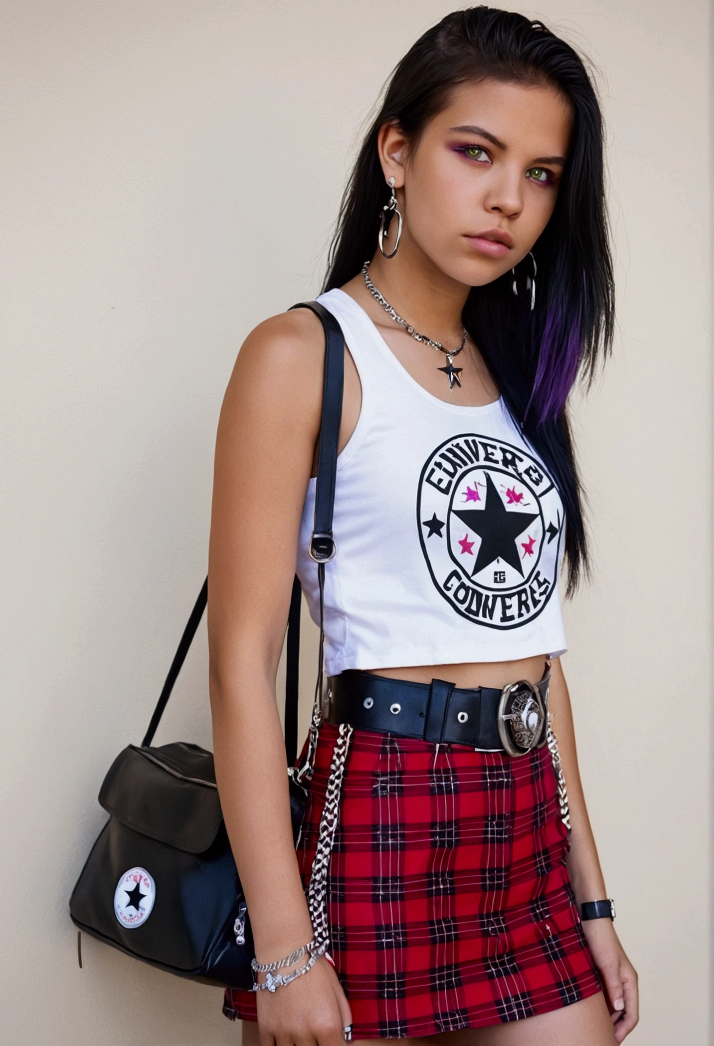 20 year old young woman, black hair with violet highlights straight short to the neck, wears a white tank top with a rock logo, She wears tight leather pants and a red plaid miniskirt on top of the pants.. Wear white and black converse sneakers. Small chains hang from the skirt belt. He wears a piercing on his lower lip and two earrings in one ear.. green eyes.