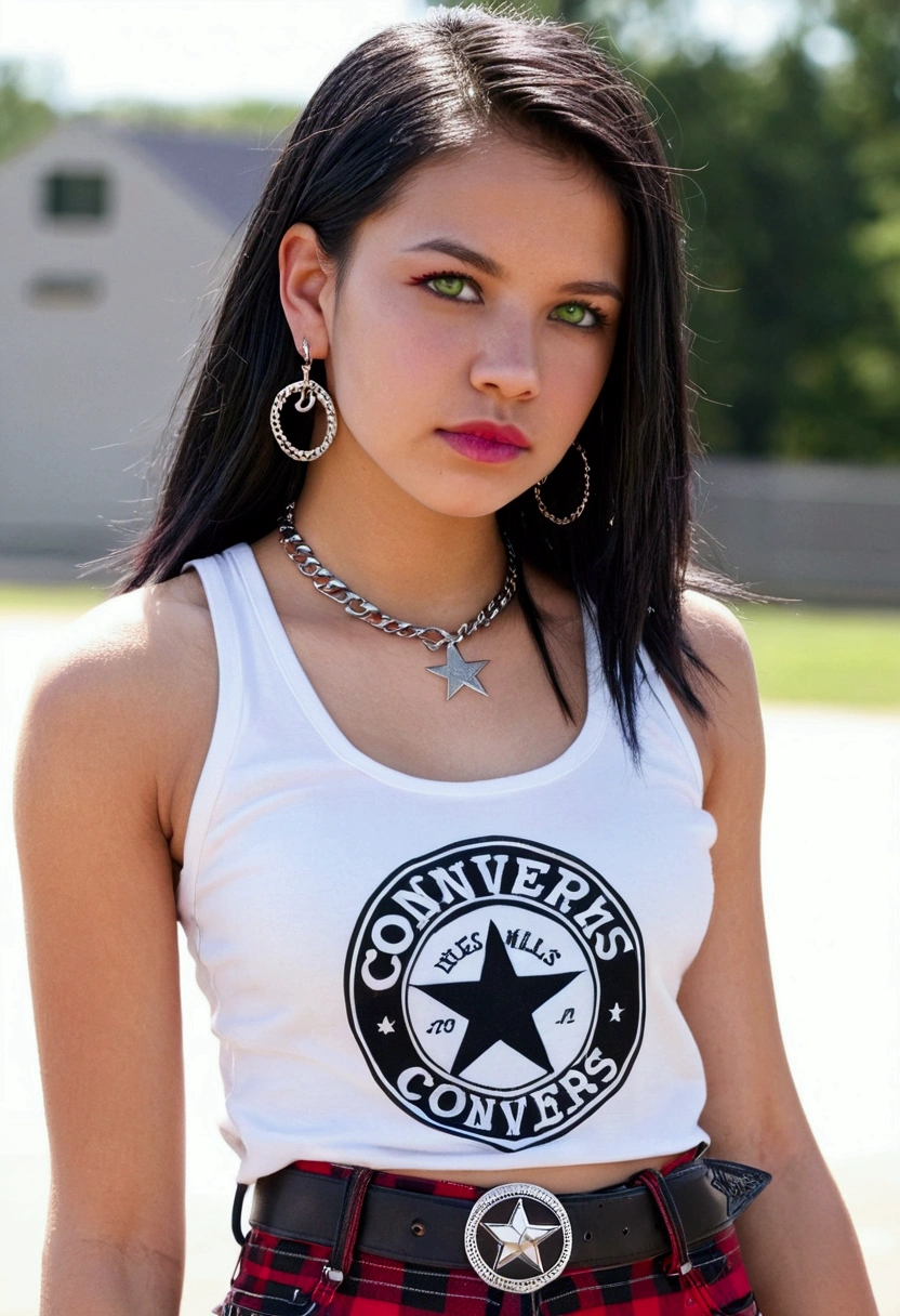 20 year old young woman, black hair with violet highlights straight short to the neck, wears a white tank top with a rock logo, She wears tight leather pants and a red plaid miniskirt on top of the pants.. Wear white and black converse sneakers. Small chains hang from the skirt belt. He wears a piercing on his lower lip and two earrings in one ear.. green eyes.