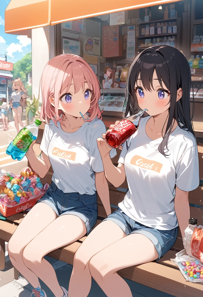 Summer vacation、Candy store background、Bench next to the candy store、Sitting、Two Girls、White T-shirt、Short trousers、Drinking soda from a bottle