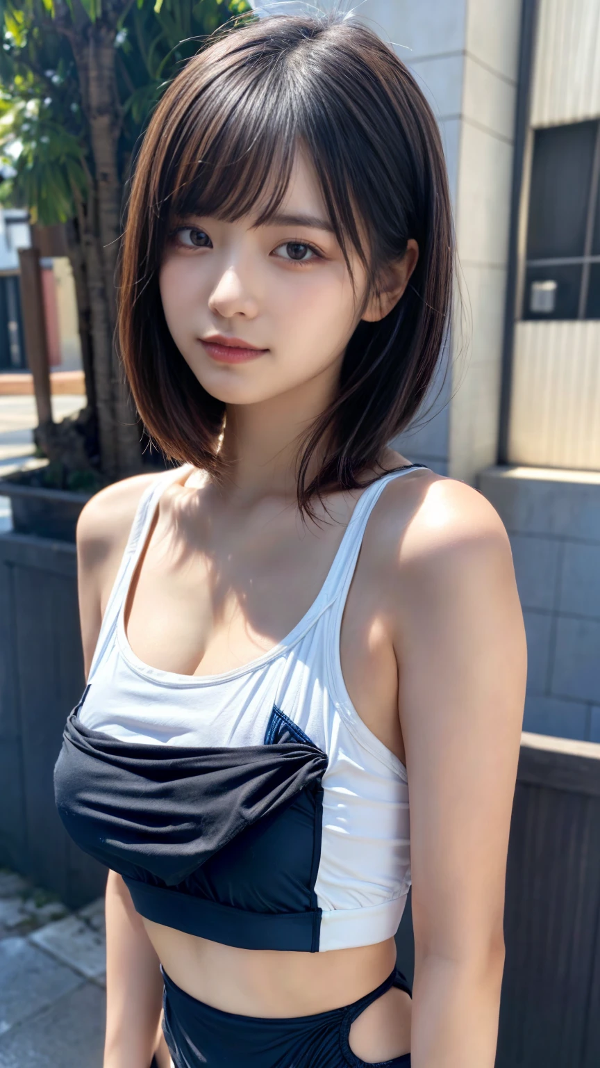 (absurdres:1.3), (highres:1.3), (ultra detailed:1.3),(1girl:1.3), (extremely detailed CG unity 8k wallpaper:1.3), (detailed skin texture, detailed cloth texture, detailed hair texture), (beautiful detailed face, supermodel, pale skin, realistic glistening skin), (RAW photo, best quality), (realistic, photo-realistic:1.4), masterpiece, extremely delicate and beautiful,Amazing, finely detail, extremely detailed CG unity 8k wallpaper, huge filesize, ultra-detailed, highres, absurdres, soft light,rim light, vibrant details, short bob hair, black hair color, Big Natural Color Lip, large , (perfect body shape), beautiful legs, BREAK (white and deep-blue theme:1.4), (wearing a (white tank top) over a deep-blue [competition swimsuit]:1.4), (white tank top:1.2), ((Layering, layered tops):1.2), (exposed groin:1.2),
 crying a little、little smile, Harajuku style、20 year old girl