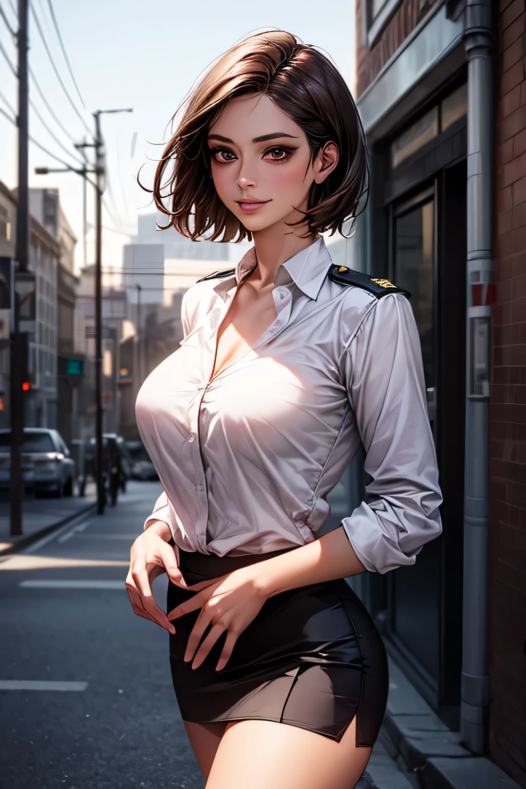 (masterpiece:1.2, Highest quality), (Realistic, photoRealistic:1.4), Beautiful illustrations, (Natural Side Lighting, Cinema Lighting), Surrealism,
View your audience, 1 girl, 40 years old, Perfect Face, Symmetrical face, Glowing Skin,
(short hair, Straight hair, Hair Intake), Brown eyes, Long eyelashes, (Large Breasts, A glimpse of the delta part of pink panties from under her skirt, Captivating thighs)
Beautiful Hair, Beautiful Face, Beautiful attention to detail, Beautiful clavicle, Beautiful body, Beautiful breasts, Beautiful thighs, Beautiful legs, Beautiful fingers,
(Wear a police uniform and a short skirt),
(Beautiful views), evening, (City Street:1.2), walk, Sexy posture, (Charming smile, Lips parted)