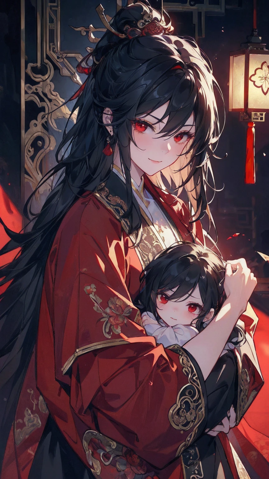 (extremely detailed 8K wallpaper),(ultra-detailed),(best quality),(masterpiece),(highly detailed),(cinematic lighting),(Original),Cold ligh,moody,(Chinese elaborate-style painting ),ink style, black hair, red eyes, sweet smile, sad face, holding her little baby