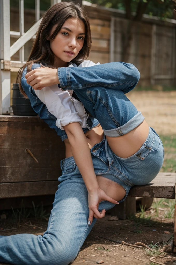 Girl sitting in a twine, girl doing a split, she is wearing jeans and shirt, doing a twine, her legs are widely sprad