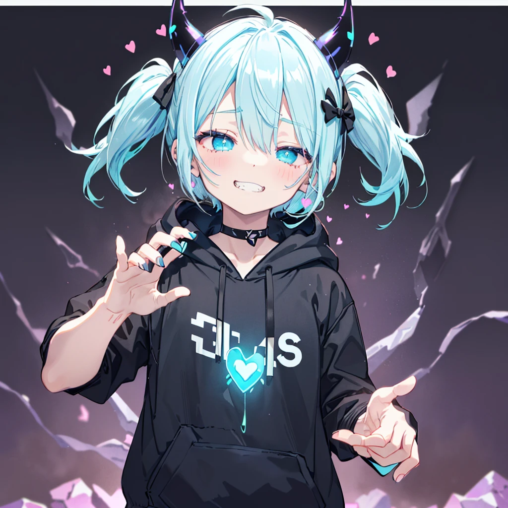 ((((jagged、Open your mouth、Grin　background、shining heart　Making a Heart　front　Neon Blueの目、Close one eye))))　(((Black hoodie、Wearing a hood　Devil horns　Twin tails、Neon Blue)))　((Shiny Earrings　Small black ribbon))　Shining Edges　輝くbackground