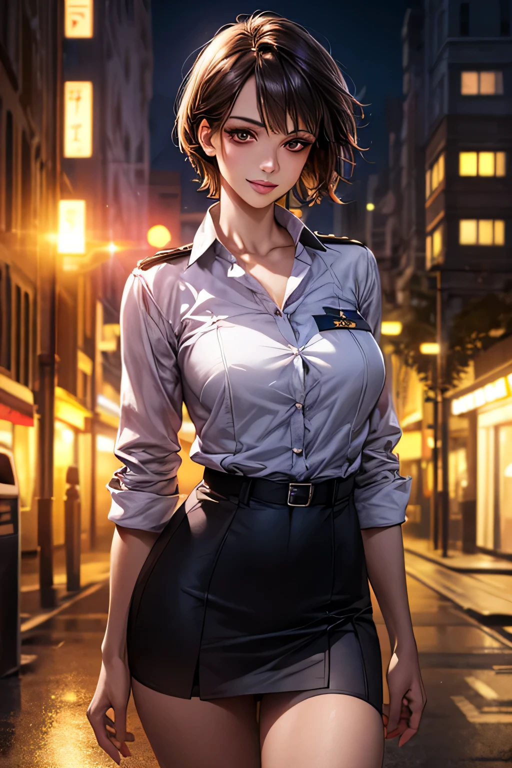 (masterpiece:1.2, Highest quality), (Realistic, photoRealistic:1.4), Beautiful illustrations, (Natural Side Lighting, Cinema Lighting), Surrealism, 
View your audience, 1 girl, 40 years old, Perfect Face, Symmetrical face, Glowing Skin, 
(short hair, Straight hair, Hair Intake), Brown eyes, Long eyelashes, (Large Breasts, A glimpse of the delta part of pink panties from under her skirt, Captivating thighs)
Beautiful Hair, Beautiful Face, Beautiful attention to detail, Beautiful clavicle, Beautiful body, Beautiful breasts, Beautiful thighs, Beautiful legs, Beautiful fingers, 
(Wear a police uniform and a short skirt),  
(Beautiful views), evening, (City Street:1.2), walk, Sexy posture, (Charming smile, Lips parted)