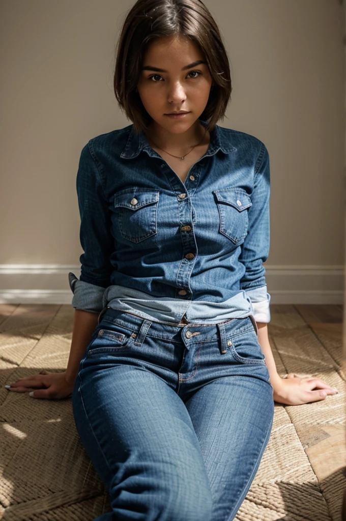 Girl sitting in a twine, girl doing a split, she is wearing jeans and shirt, doing a twine, her legs are widely spread