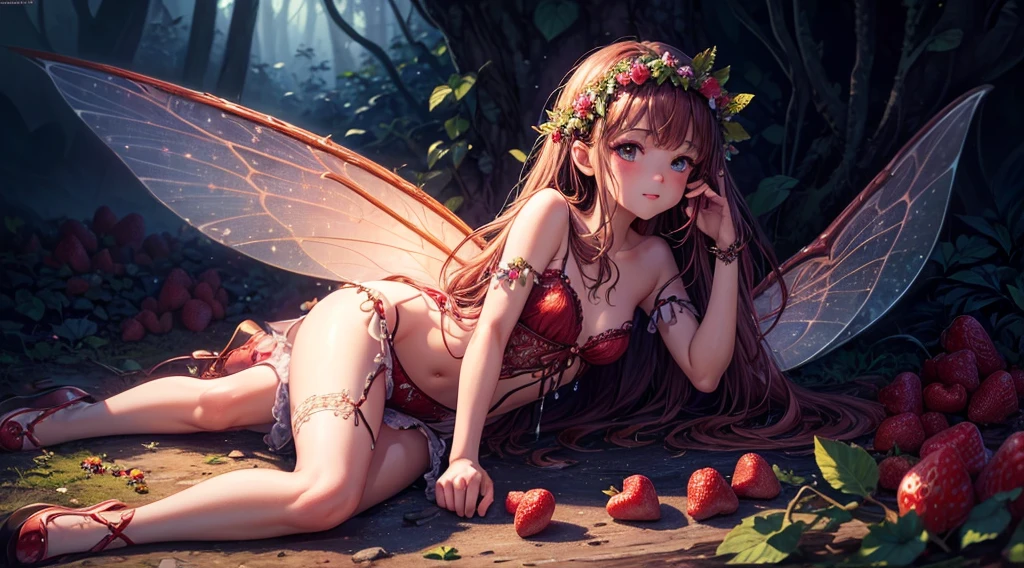 ( Absurd, High quality, ultra-detailed, masterpiece, concept art, smooth, highly detailed artwork, hyper-realistic painting ) , tiny , strawberry girl, Strawberries, cute, whole body, Romantic, Vivid, dreamy, fantasy, fairy wings, in the forest, enchanting glow, very detailed art, reveal clothes, sexy lace underwear