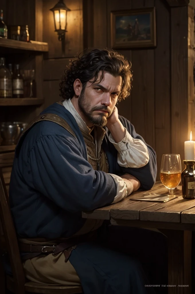 masterpiece, best quality, 1man, solo, fantasy art, male rogue, curly hair, slob, portrait view, face, drunk, lazy, facial hair, medieval clothes, chubby, middle aged, sitting in tavern, tired, exhausted
