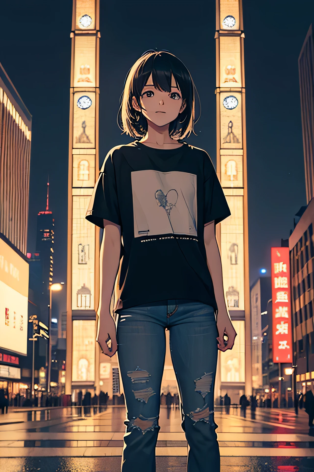 Big city at night、A cute waiting excitedly in front of a big clock。Gaze slightly upwards。Standing with hands behind back。Distressed jeans。A T-shirt that makes your underwear look thin。
