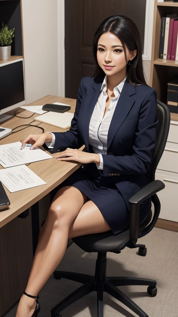 create a beautiful executive woman in her office with a lot of work
