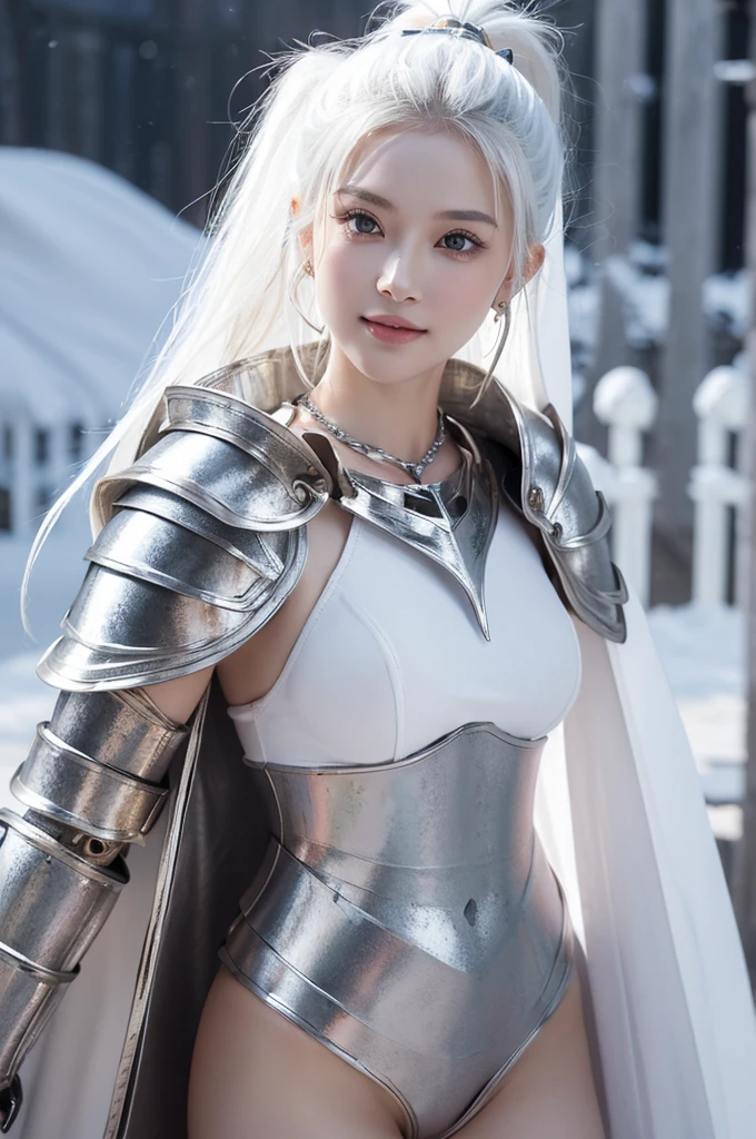 8k, masterpiece, RAW Photos, Highest quality, Realistic, 非常に精細なCG Unity 8k壁紙, Depth of written boundary, Cinematic Light, Lens flare, Ray Tracing, (Very beautiful face, Beautiful Lips, Beautiful Eyes), Exquisitely detailed face, ((Highly detailed skin)) One Girl, In the Dark, Deep Shadow, Attractive Russian Model、Nata Lee, ((View your viewers)), (A seductive smile), (Background snow scene),(Blurred Background), (Large Breasts:1.5), Earrings, bracelet, necklace, Clear Eyes, castle room, Holding a sword, Front shot, (Pale skin), Look forward, (Big eyes), ((Upper Body Shot)), (Camel Toe, shape), ((nice (White Metal Armor) White cape design:1.5)), (Umbilical cord prolapse:1.5), Light blonde hair, (ponytail), ((A seductive smile)), ((Camel Toe)).