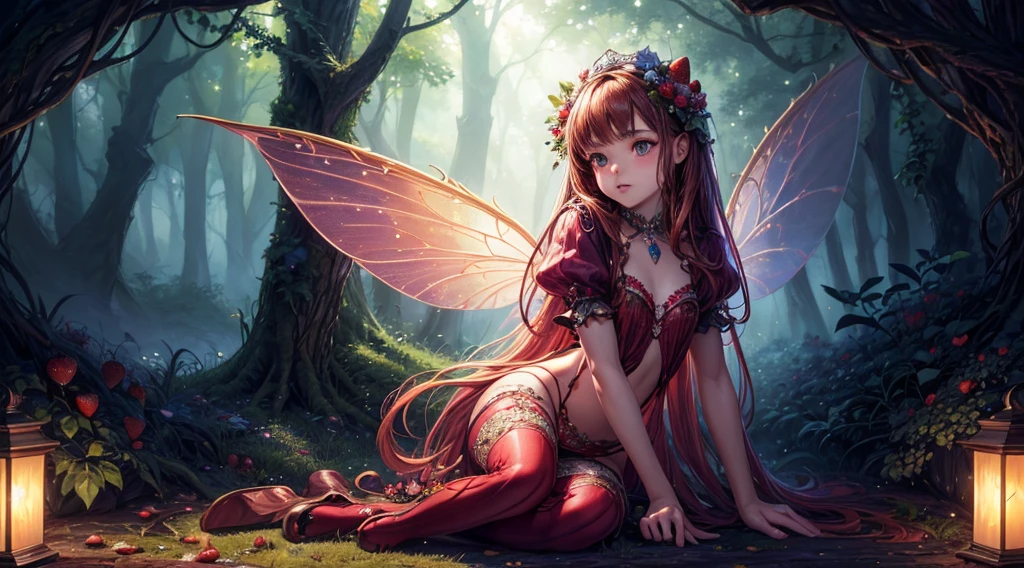 ( Absurd, High quality, ultra-detailed, masterpiece, concept art, smooth, highly detailed artwork, hyper-realistic painting ) , tiny , strawberry girl, Strawberries, cute, whole body, Romantic, Vivid, dreamy, fantasy, fairy wings, in the forest, enchanting glow, very detailed art, reveal clothes, sexy lace underwear
