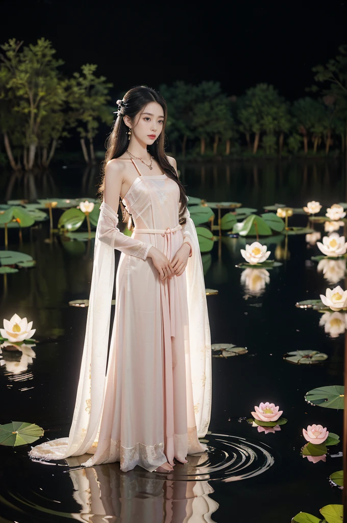 (((best quality))),(((ultra detailed))),(((masterpiece))),illustration,((1 beautiful young girl,solo)),((slim,thin)),(shoulder length straight hair:1.2),((earrings,necklace)),((small ,flat chest)),(see through traditional pink sheer Hanfu dress:1.3),(slender legs:1.2),(beside the lotus pond full of lotus flowers:1.3), serene moonlight, ethereal,floral pattern, water movement, billowing fabric, tranquil, moon reflection, petals, fireflies, magical, light,warm light, dreams, invitation, (standing:1.3),(arms behind back:1.3),gazing, reflection, inner thoughts, emotional, sweet scent, natural beauty, solitude, hypnotic lull, eternal summer,(night scene:1.3), natural world, human spirit, celebration, backdrop, water, glow,((from front,full body))