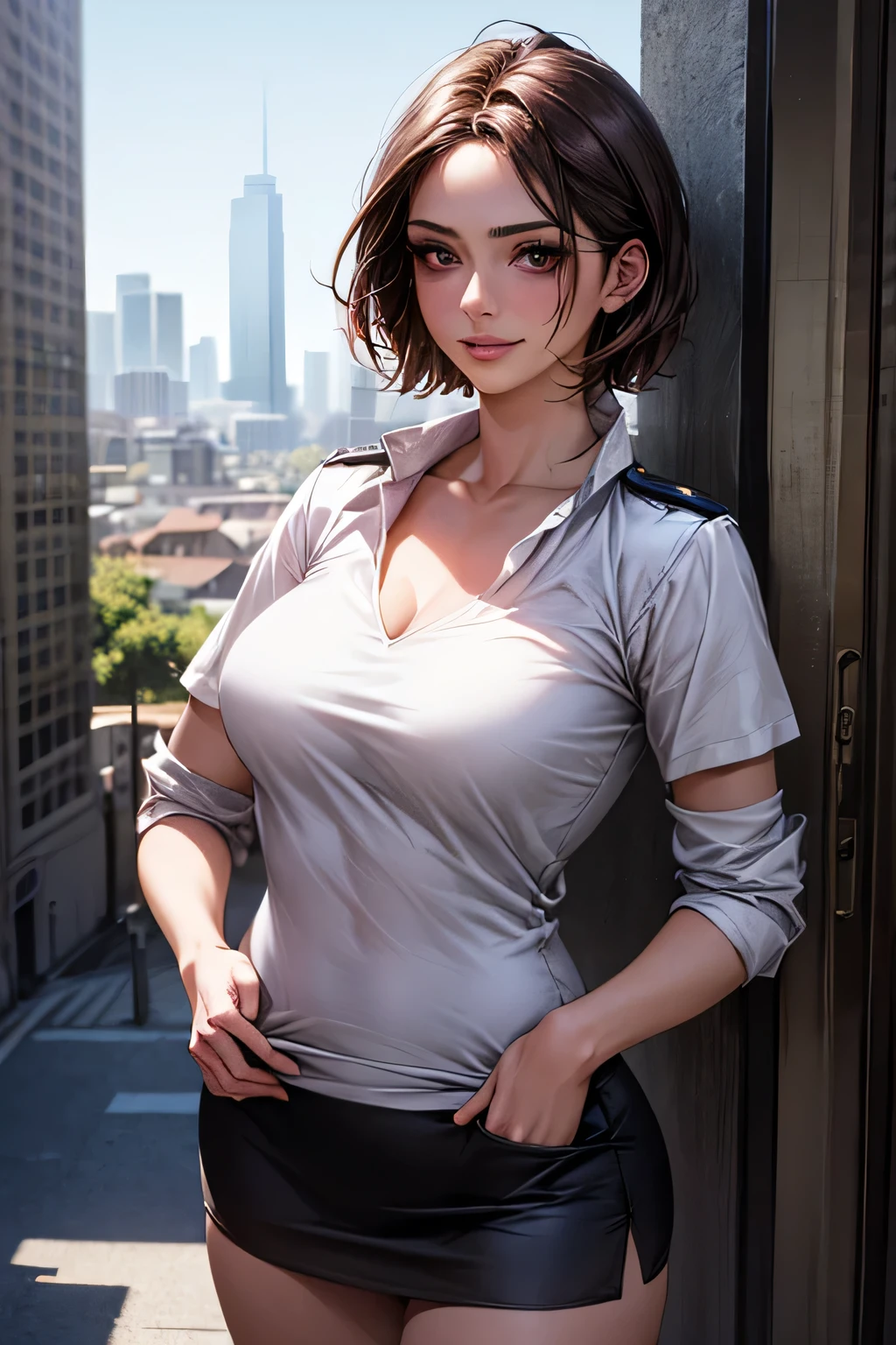 (masterpiece:1.2, Highest quality), (Realistic, photoRealistic:1.4), Beautiful illustrations, (Natural Side Lighting, Cinema Lighting), Surrealism, 
View your audience, 1 girl, 40 years old, Perfect Face, Symmetrical face, Glowing Skin, 
(short hair, Straight hair, Hair Intake), Brown eyes, Long eyelashes, (Large Breasts, A glimpse of the delta part of pink panties from under her skirt, Captivating thighs)
Beautiful Hair, Beautiful Face, Beautiful attention to detail, Beautiful clavicle, Beautiful body, Beautiful breasts, Beautiful thighs, Beautiful legs, Beautiful fingers, 
(Wear a police uniform and a short skirt),  
(Beautiful views), evening, (City Street:1.2), walk, Sexy posture, (Charming smile, Lips parted)
