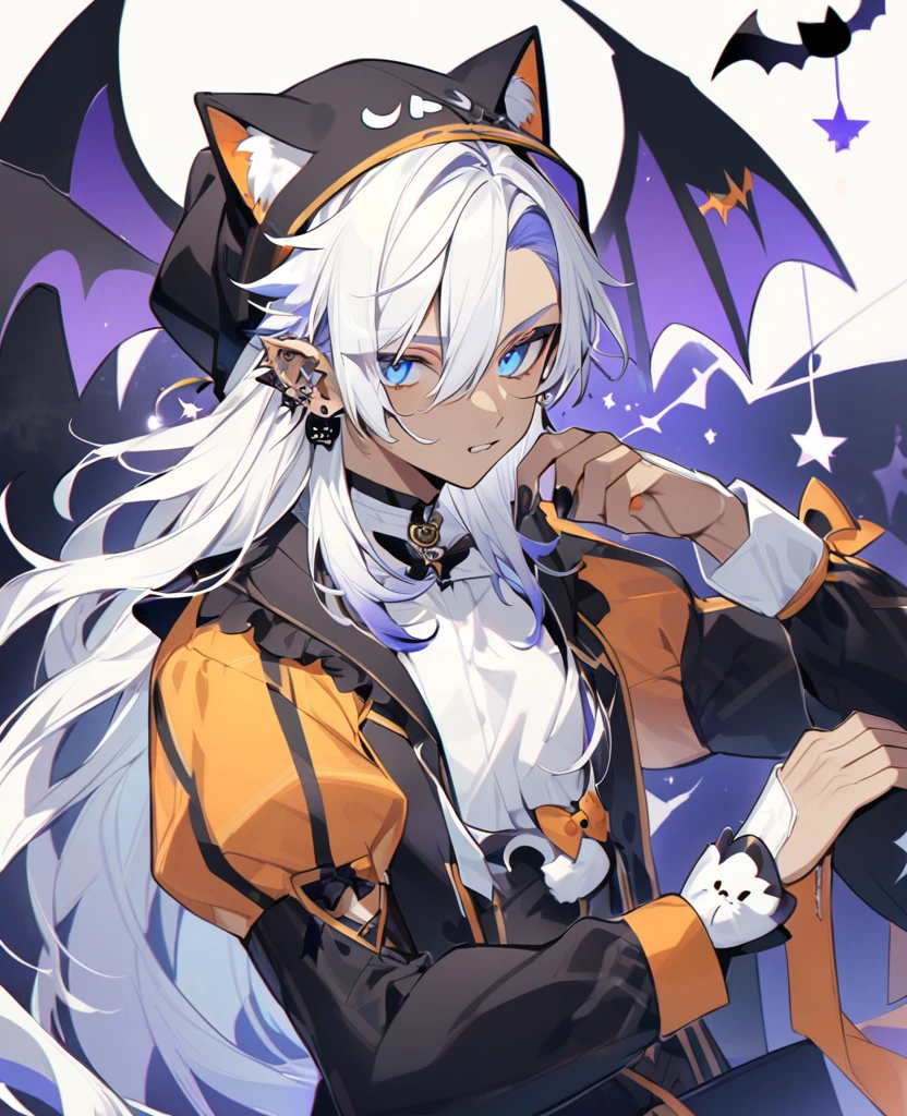 Male,5'4,pierced ears,light skin,blue eyes, white long hair half up half down,cat holloween costume

