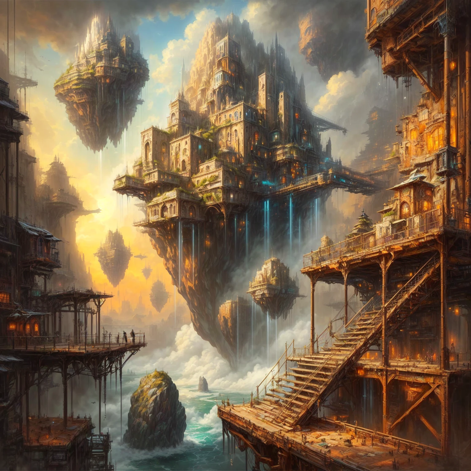 a painting of a city with a lot of buildings and a lot of rocks, symmetrical epic fantasy art, science fantasy painting, epic fantasy sci fi illustration, surreal concept art, floating city on clouds, in fantasy sci - fi city, fantasy cityscape, mystical sci-fi concept art, big and structured valhalla city, highly detailed fantasy art, ancient sci - fi city