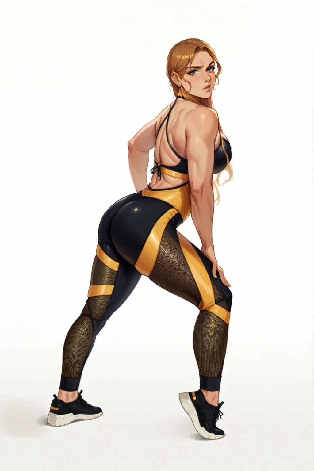 arafed woman in a sports bra top and leggings posing for a picture, bodybuilder superhero bikini, leeloo outfit, body golden armor, energetic varia suit, two piece workout clothes, official product photo, tight attire, full body view, black and yellow tracksuit, gold and black blu, gold and black, black canary, gold body, warrior outfit