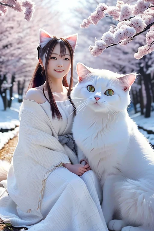 Generate photo-realistic images、The image shows、The character is a fusion of a cat named Snowshoe and a human woman.。このCharacters、Features of cats(ear、tail、hand、Hair pattern)and human characteristics(Facial features)It is a combination of。Characters、With an elegant and calm atmosphere、She has a bright smile。In the background、Natural scenery(Forests and flower fields)is spreading、Soft natural light illuminates the characters