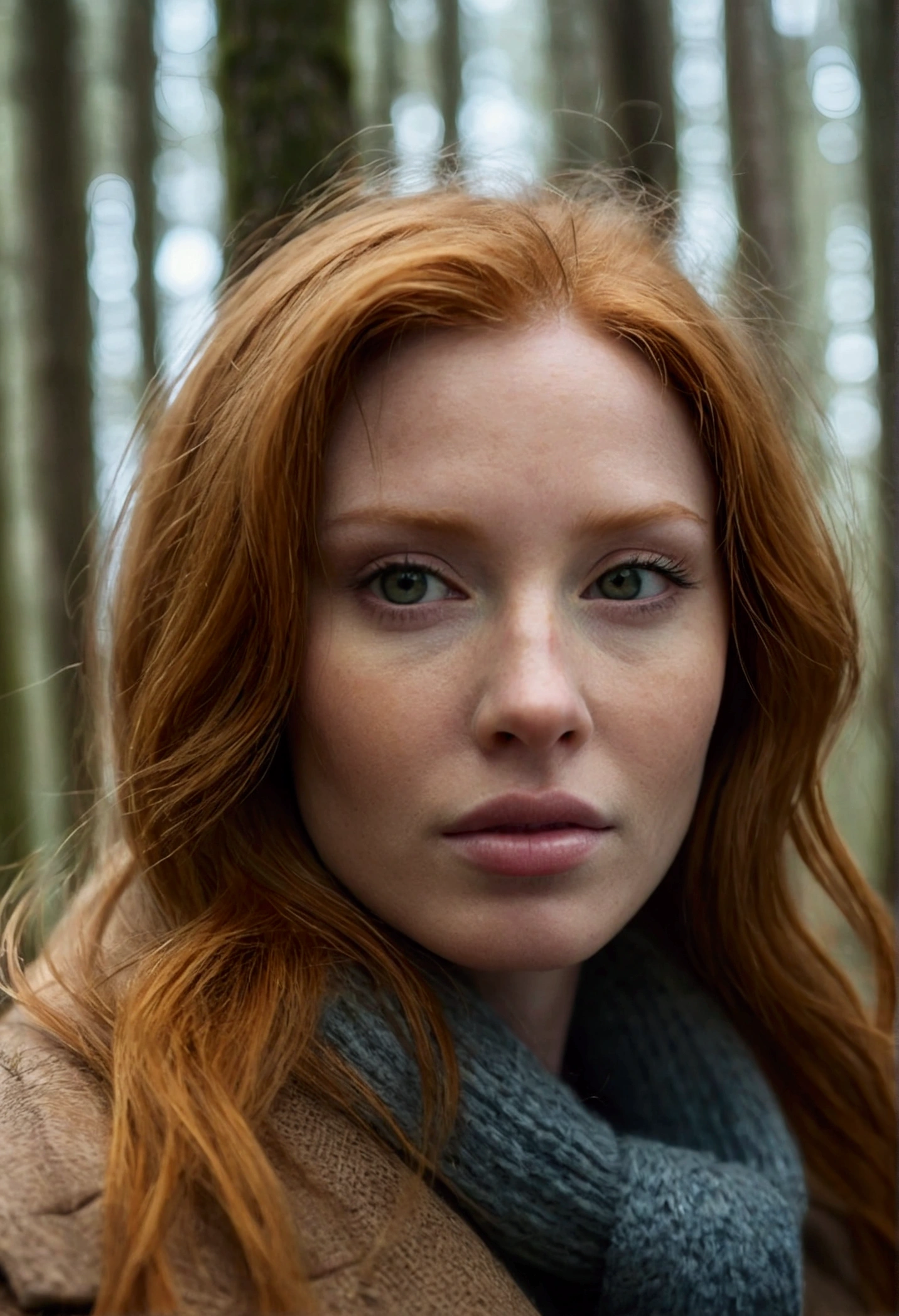 close up of a european woman, ginger hair, winter forest, natural skin texture, 24mm, 4k textures, soft cinematic light, RAW photo, photorealism, photorealistic, intricate, elegant, highly detailed, sharp focus, ((((cinematic look)))), soothing tones, insane details, intricate details, hyperdetailed, low contrast, soft cinematic light, dim colors, exposure blend, hdr, faded