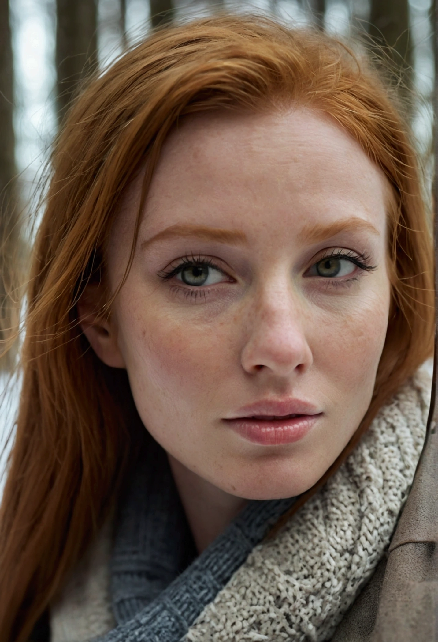 close up of a european woman, ginger hair, winter forest, natural skin texture, 24mm, 4k textures, soft cinematic light, RAW photo, photorealism, photorealistic, intricate, elegant, highly detailed, sharp focus, ((((cinematic look)))), soothing tones, insane details, intricate details, hyperdetailed, low contrast, soft cinematic light, dim colors, exposure blend, hdr, faded