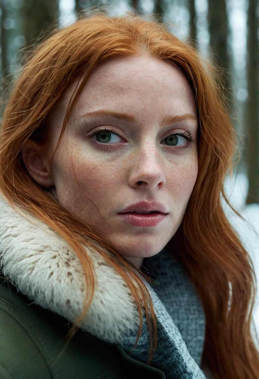 close up of a european woman, ginger hair, winter forest, natural skin texture, 24mm, 4k textures, soft cinematic light, RAW photo, photorealism, photorealistic, intricate, elegant, highly detailed, sharp focus, ((((cinematic look)))), soothing tones, insane details, intricate details, hyperdetailed, low contrast, soft cinematic light, dim colors, exposure blend, hdr, faded