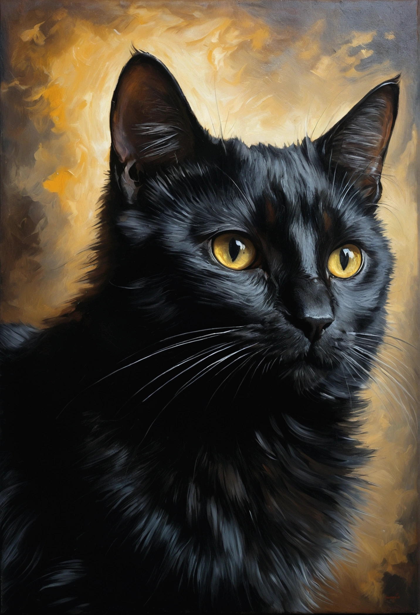 Heavy oil painting, Rembrandt van Rijn, Close-up of a cute black cat with a mysterious look, Atmospheric setting,