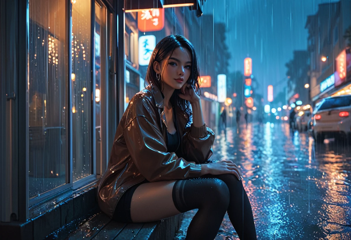 score_9, score_8_up, score_7_up, score_6_up, score_5_up, 1girl, looking at the viewer, raining, night, street, sitting