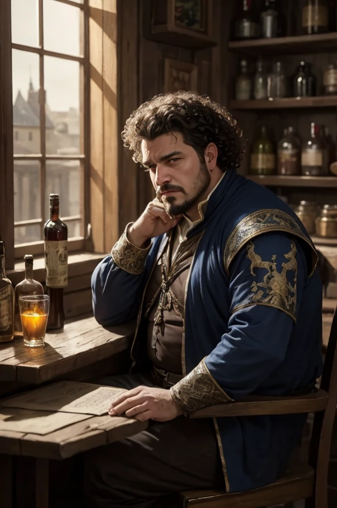 masterpiece, best quality, 1man, solo, fantasy art, male rogue, curly hair, slob, portrait view, face, drunk, lazy, facial hair, medieval clothes, chubby, middle aged, sitting in tavern, tired