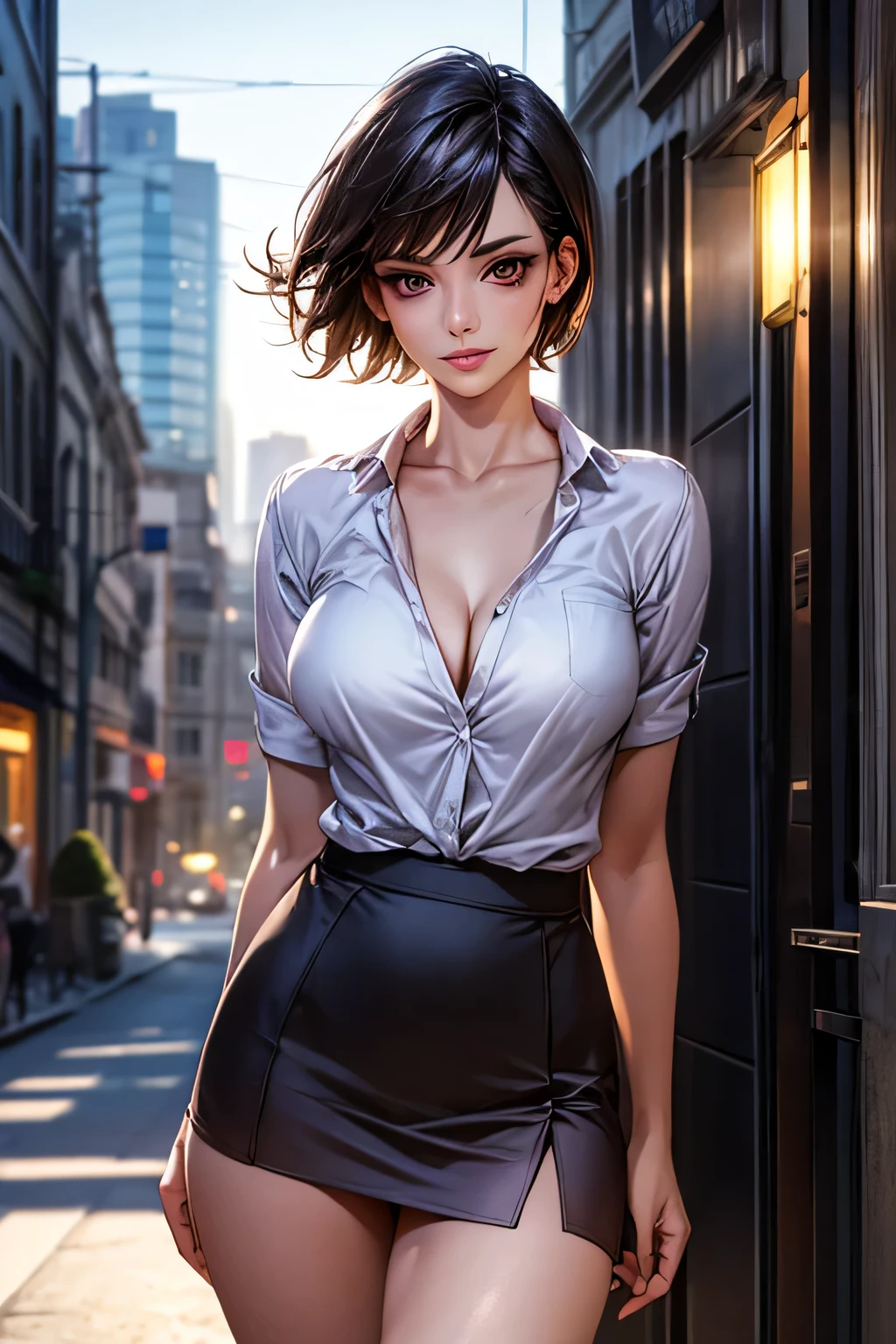 (masterpiece:1.2, Highest quality), (Realistic, photoRealistic:1.4), Beautiful illustrations, (Natural Side Lighting, Cinema Lighting), Surrealism, 
View your audience, 1 girl, 40 years old, Perfect Face, Symmetrical face, Glowing Skin, 
(short hair, Straight hair, Hair Intake), Brown eyes, Long eyelashes, (Large Breasts, A glimpse of the delta part of pink panties from under her skirt, Captivating thighs)
Beautiful Hair, Beautiful Face, Beautiful attention to detail, Beautiful clavicle, Beautiful body, Beautiful breasts, Beautiful thighs, Beautiful legs, Beautiful fingers, 
(Wear a police uniform and a short skirt),  
(Beautiful views), evening, (City Street:1.2), walk, Sexy posture, (Charming smile, Lips parted)