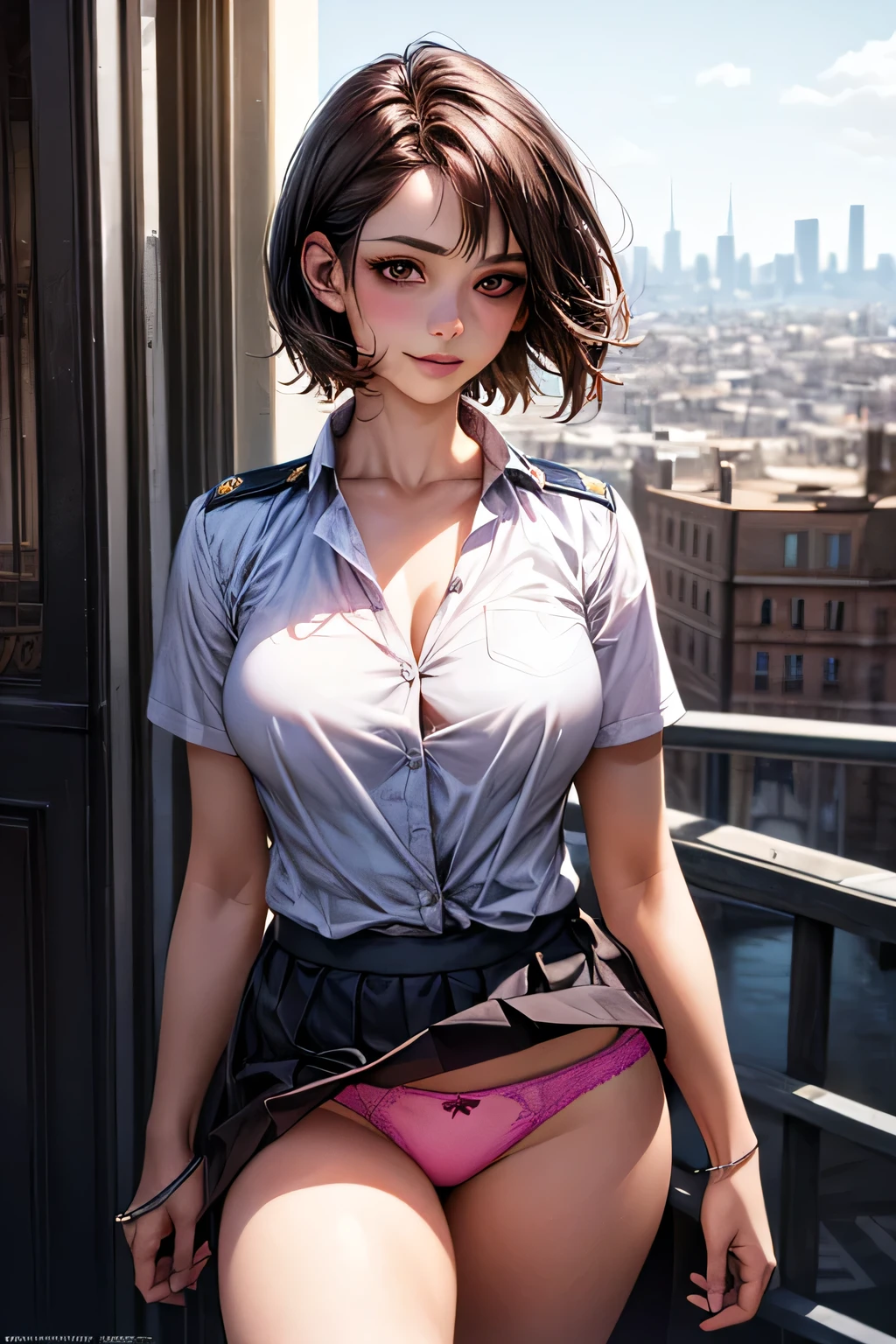 (masterpiece:1.2, Highest quality), (Realistic, photoRealistic:1.4), Beautiful illustrations, (Natural Side Lighting, Cinema Lighting), Surrealism, 
View your audience, 1 girl, 40 years old, Perfect Face, Symmetrical face, Glowing Skin, 
(short hair, Straight hair, Hair Intake), Brown eyes, Long eyelashes, (Large Breasts, A glimpse of the delta part of pink panties from under her skirt, Captivating thighs)
Beautiful Hair, Beautiful Face, Beautiful attention to detail, Beautiful clavicle, Beautiful body, Beautiful breasts, Beautiful thighs, Beautiful legs, Beautiful fingers, 
(Wear a police uniform and a short skirt),  
(Beautiful views), evening, (City Street:1.2), walk, Sexy posture, (Charming smile, Lips parted)